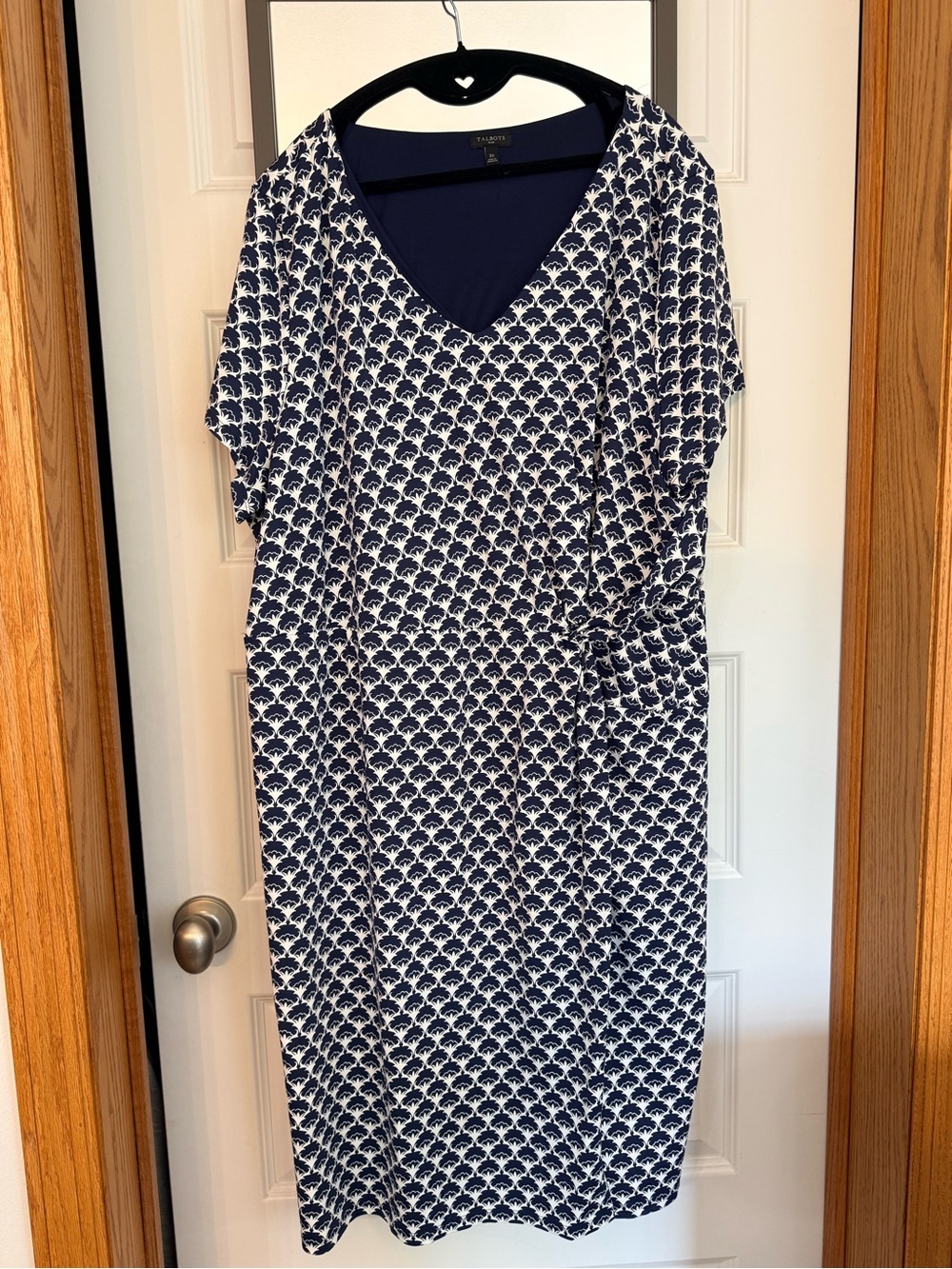 Talbots Navy & White Printed V-Neck Wrap-Style Midi Dress